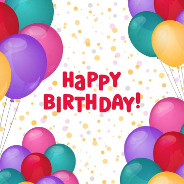 Doğum günü kartı tasarımın kutlu olsun. Vektör çizimi. Bday Kare tebrik kartı şablonu. Helyum balonları renkli ve metin dolu. Eğlenceli kutlama kartpostalı, parti nesneleri.