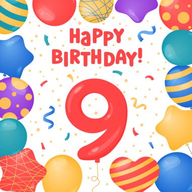 Doğum günün kutlu olsun 9 yıllık kart tasarımı. Dokuzuncu yaş günü kutlaması. Vektör çizimi. Doğum günü tebrik kartı şablonu. Helyum balonları, konfeti, dokuz numara ve mesaj. Eğlenceli renkli kartpostal, parti nesneleri