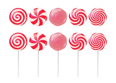 Lolipoplar izole edilmiş vektör seti. Yuvarlak kırmızı ve beyaz Noel şekerleri. Geleneksel kıvrımlı tatlı, sarmal tatlı.