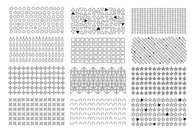 Soyut geometrik karalama elemanları vektörü ayarlandı. El çizimi desenlerde daireler, üçgenler, kareler, yıldızlar ve haçlar var. Özgeçmiş, doku ve minimalist tasarımlar için mükemmel.