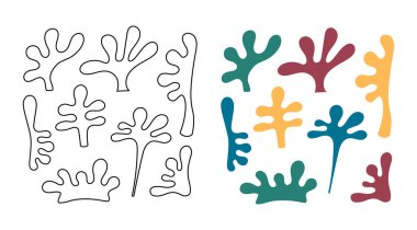 Soyut organik şekiller vektör illüstrasyonudur. Tasarımlar için renkli ve özet minimalist yapraklar..