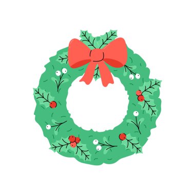 Güzel Noel çelengi. İzole vektör çizimi. Yuvarlak çelenk, kutsal böğürtlen ve yapraklarla. Aralık ayının Noel bayramı sembolü mevsimlik tasarımlar ve tebrik kartları. Düz ve karalama elementleri