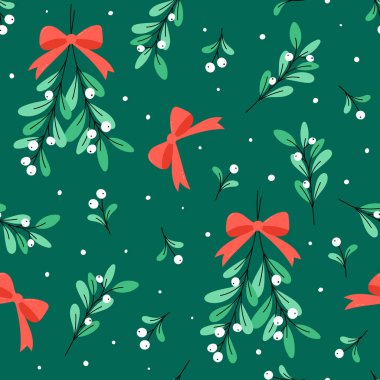 Ökse otu deseni. Ökseotu dalları, yaprakları ve böğürtlenleri olan şirin Noel kusursuz vektör çizimi. Basit tatil bitkileri sembollü şenlikli botanik Xmas arkaplanı.