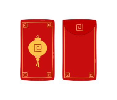 Angpao isolated vector elements. Asian festive red envelopes with Chinese lantern ornament. Traditional gift with coins, money for Lunar New Year, wedding and other celebrations. Flat illustration clipart