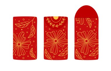 Angpao red envelopes front, back views. Open and close. Hongbao vector isolated elements. Asian festive envelope with intricate floral ornament, flowers. Traditional gift for Lunar New Year clipart