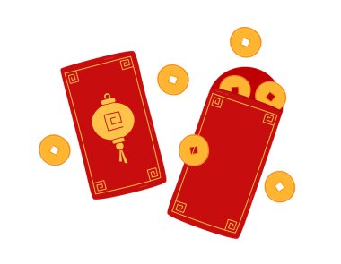 Angpao red envelope with coins vector isolated elements. Asian festive envelope with ornament. Traditional money gift for Lunar New Year, wedding and other occasions. Flat illustration. clipart