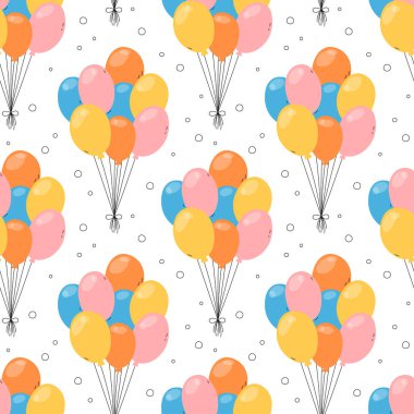 Balon desenli. Renkli düz resimli balon demetleriyle şirin vektörsüz arka plan. Doğum günü partisi, düğün veya diğer kutlama etkinliği dekoratif sembolleri.