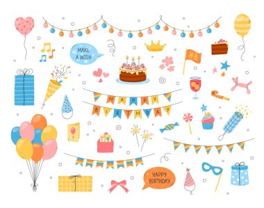 Doğum günü vektör elementleri ayarlandı. İzole edilmiş komik düz renkli el çizimi çocuk doğum günü tasarımı nesneleri. Sevimli doğum günü pastası, parti şapkası, kraker, balonlar, hediye kutuları. Neşeli çocuksu çizimler koleksiyonu.
