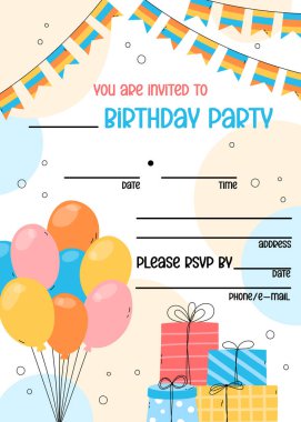 Doğum günü davetiyesi şablonu. Sevimli eğlenceli unsurlar. Komik renkli çocuk doğum günü partisi davetiyesi dikey kart tasarımı. Doldurma ve el yazması için boşluğu olan vektör illüstrasyonu