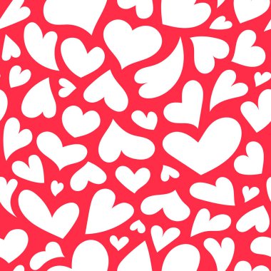 Kalpler kırmızı ve beyaz. Sevimli vektörsüz arka plan. Resmedilmiş kalp aşkın sembolü ve sevgililer günü 14 Şubat kutlamasını şekillendirir. Romantik model tasarımı.