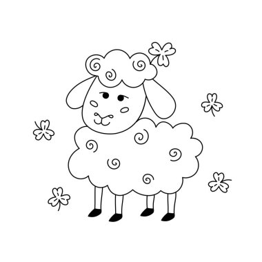 Şirin İrlanda koyunu ve yonca. Aziz Patrick Günü sembolü. Vektör karalama çizimi. Beyaz arka planda izole edilmiş gülen bir koyun resmi. Patricks Günü 17 Mart renklendirme sayfası, tasarım ögesi.