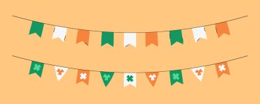 Saint Patricks Day flag banners with shamrocks vector illustration. Isolated festive hanging flags party decoration. Cute design elements Patricks Day March celebration. Green, orange, white colors clipart