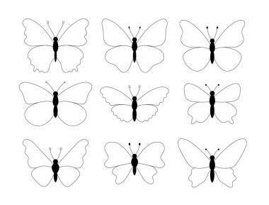 Kelebekler karalama seti. Vektör çizimi. Çeşitli kanatları ve şekilleri olan böcekler. Kelebek üst görüntüyü izole etti. Farklı siyah çizgi elementleri.