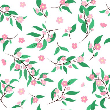 Güzel çiçek deseni. Pembe çiçekli kusursuz vektör beyazı arka plan. Çiçeksel botanik elementlerin ve yaprakların tekrarlanması. Zarif, detaylı doğal nesne deseni.