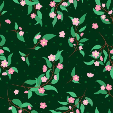 Kusursuz çiçek deseni. Şirin pembe çiçekli vektör yeşil arka plan. Çiçeksel botanik elementlerin ve yaprakların tekrarlanması. Zarif, detaylı doğal nesne deseni.