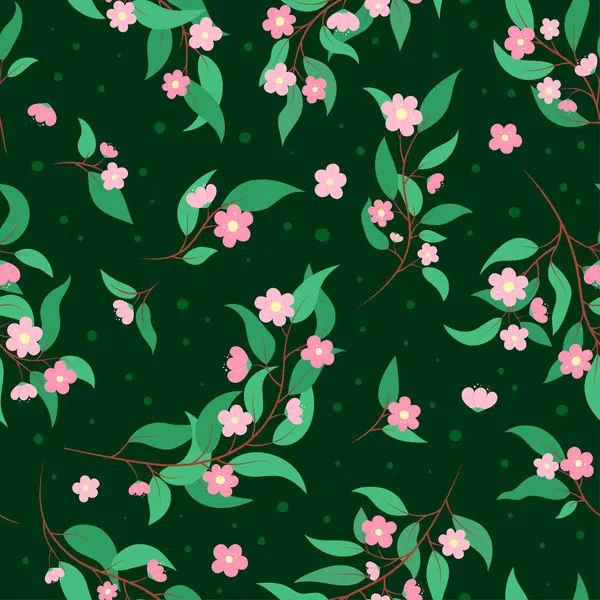 Kusursuz çiçek deseni. Şirin pembe çiçekli vektör yeşil arka plan. Çiçeksel botanik elementlerin ve yaprakların tekrarlanması. Zarif, detaylı doğal nesne deseni.