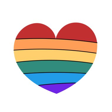 LGBT kalp şeklinde bayrak. Cinsel azınlıkların altı renkli sembolünün sevimli renkli vektör çizimi. Gökkuşağı bayrağı izole. Elle çizilmiş element. Onur Ayı Haziran.