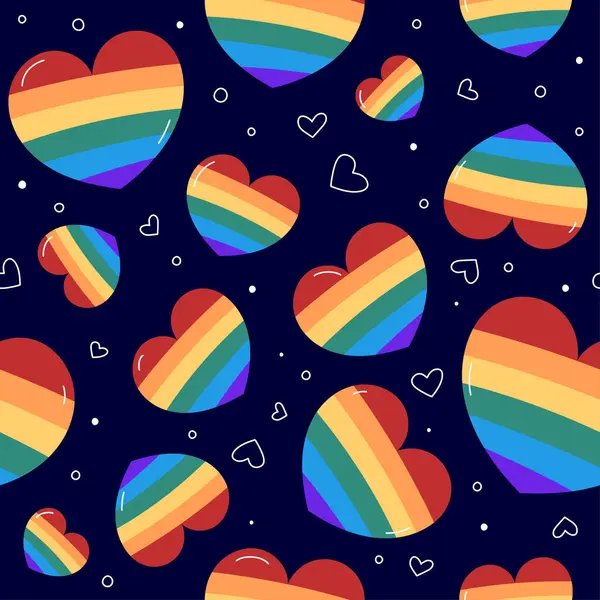 LGBT modeli, kusursuz vektör arkaplanı. Sevimli kalp şekilleri, gökkuşağı bayrakları. Cinsel azınlıkların sembolü olan bir düzen. El yapımı elementler. Gurur Ayı tekrarlanan illüstrasyon.