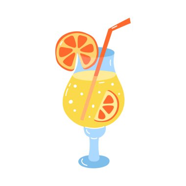 Citrus yaz kokteyli izole vektör çizimi. Portakal dilimleri ve samanla birlikte bardakta içecek. Yaz zamanı, plaj, tropik tasarım. Şirin karalama elementleri olan düz nesne.