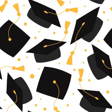 Mezuniyet örtüsü deseni, kusursuz vektör arkaplanı. Mezuniyet şapkaları havada. Kare akademik şapka, havan topu. Lise, üniversite, akademi mezuniyet sembolleri deseni.