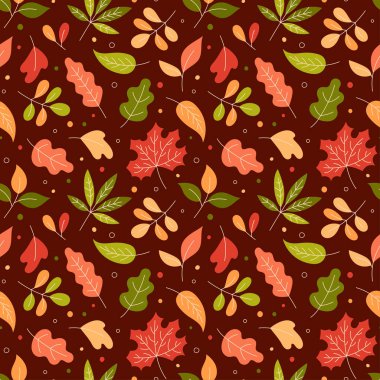 Sonbahar, vektörleri pürüzsüz bırakır. Sonbahar yaprağı arka planı. Düz ve karalama mevsimsel elementler. Renkli el çizimi botanik desen. Kahverengi üzerine sarı, yeşil ve kırmızı renkler.