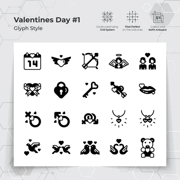 Valentine Day Icon Set Glyph Black Fill Style Love Heart Stok Vektör
