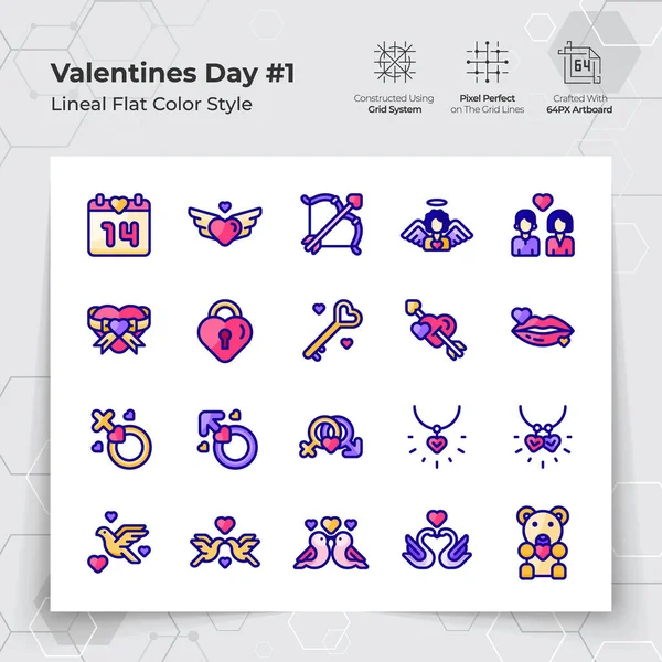 Valentine Day Icon Set Line Flat Color Style Love Heart Stok Illüstrasyon