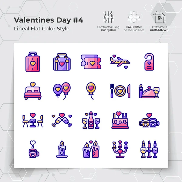 Valentine Day Icons Set Line Flat Color Style Holiday Travelling Stok Vektör