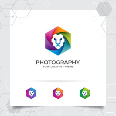 Lion mascot photography logo design with hexagonal shape and lion head vector for creative agency, studio, web design and technology company. clipart