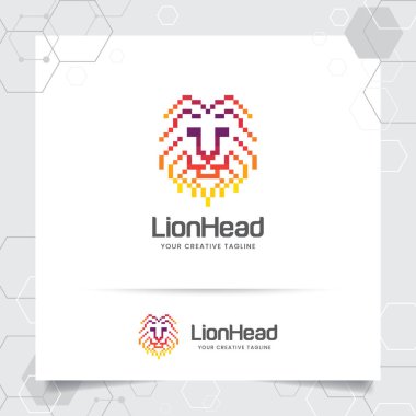 Colorful lion head logo with pixel vector in modern style. Lion face vector illustration. clipart