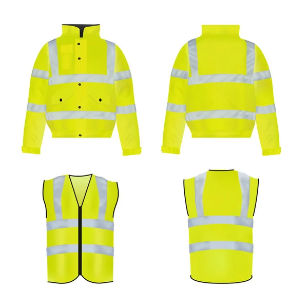 Hi-vis yansıtıcı ceket ve ceketin gerçekçi bir vektör modelleme koleksiyonu.