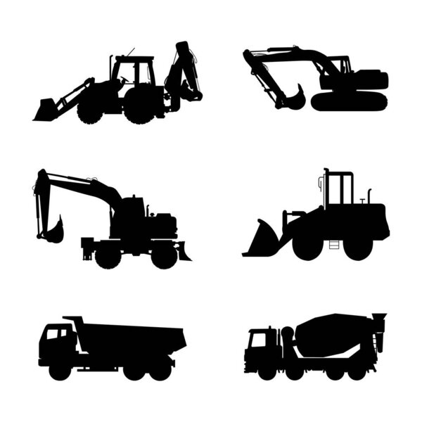 A vector collection of construction vehicles silhouettes