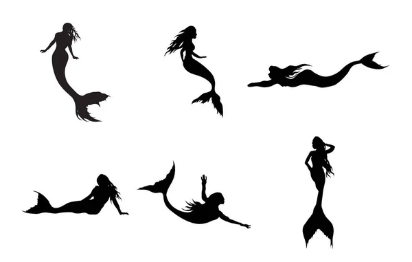 Sanat eserleri için deniz kızı siluetlerinin vektör koleksiyonu.