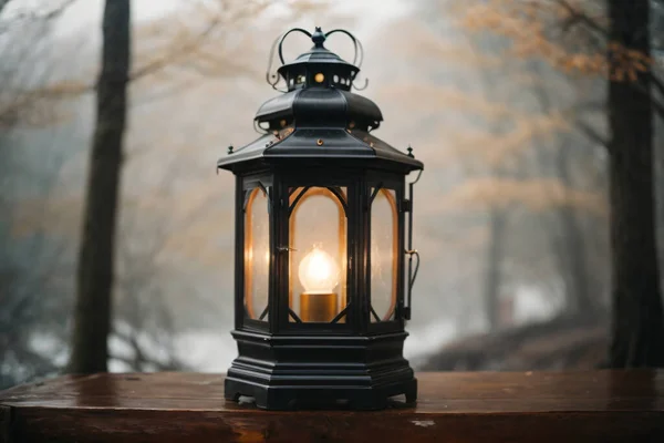 Premium vintage lantern, brown lantern, glowing and shiny lantern in the forest