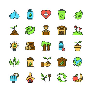 Renkli dış hat tarzına sahip doğa ve ekoloji simgeleri web sitesi veya uygulama tasarımı gibi her amaçla kullanılabilir..