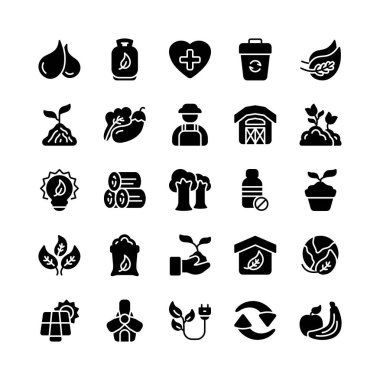 Doğanın ve ekoloji simgelerinin glifli kümesi, web sitesi veya uygulama tasarımı gibi herhangi bir amaç için kullanılabilir..