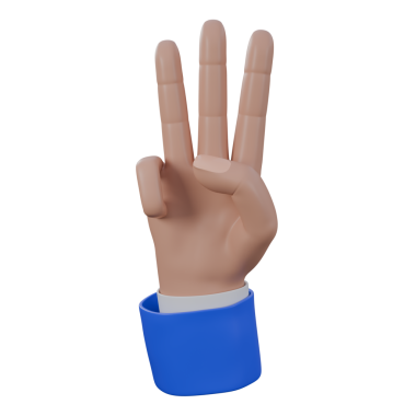Üç numaralı el hareketi, üç parmak, mavi ve beyaz takım elbiseli üç boyutlu çizim. Web ve UI tasarımı kullanılabilir.
