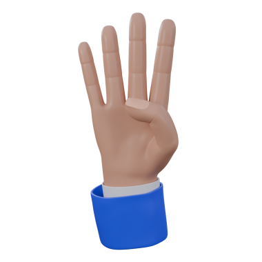 Dört numaralı el hareketi, mavi ve beyaz takım elbiseli dört parmak üç boyutlu çizim. Web ve UI tasarımı kullanılabilir.