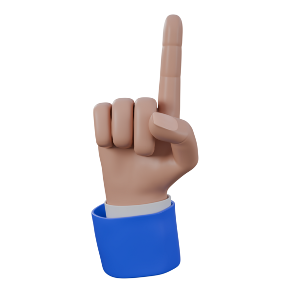 Bir numaralı el hareketi, işaret eden jest, mavi ve beyaz takım elbiseli bir parmak 3D çizim. Web ve UI tasarımı kullanılabilir.