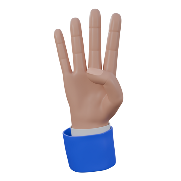 Dört numaralı el hareketi, mavi ve beyaz takım elbiseli dört parmak üç boyutlu çizim. Web ve UI tasarımı kullanılabilir.