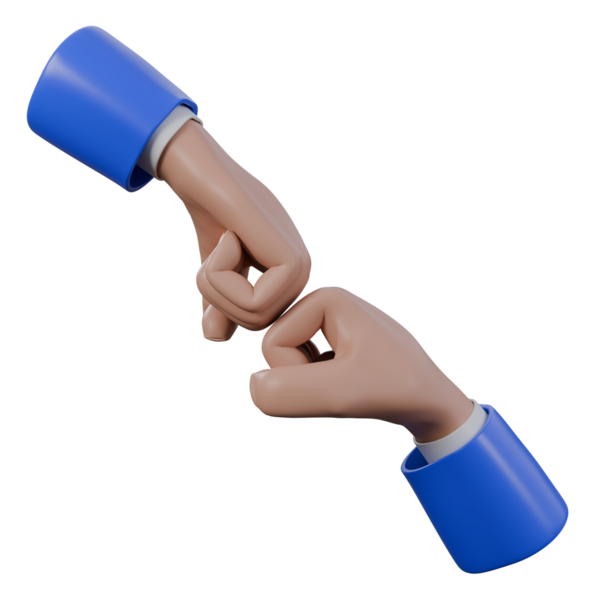 Üç boyutlu yumruk tokuşturma hareketi, iki eli mavi ve beyaz takım elbiseli, dostluğu, birliği ve karşılıklı desteği simgeliyor..