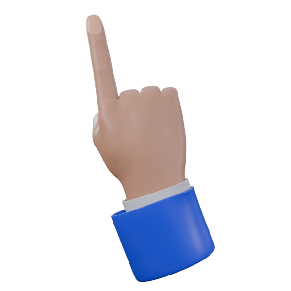 İşaret parmağıyla işaret eden, yönü ya da göstergeyi sembolize eden üç boyutlu bir el çizimi. Mavi beyaz bir takım giyiyor..
