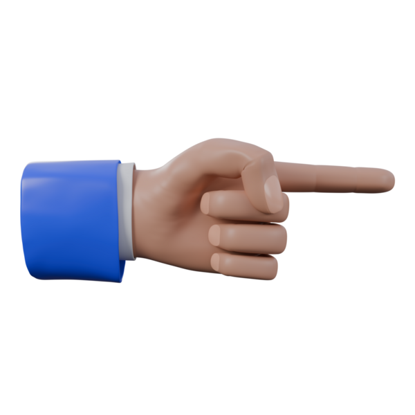 İşaret parmağıyla işaret eden, yönü ya da göstergeyi sembolize eden üç boyutlu bir el hareketi. Mavi beyaz bir takım giyiyor..