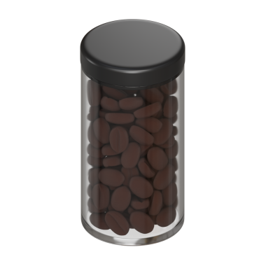 Kahve çekirdekleri, siyah kapak ve markalaştırma veya ürün tasarımı için boş etiketlerle dolu uzun şeffaf bir kavanozun 3 boyutlu temiz görüntüsü. Model, etiket şablonları ya da özel gıda paketlemesi için harika.