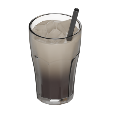 Buzlu kahvenin görünür bir süt girdabının demlendiği 3 boyutlu bir illüstrasyon, şeffaf bir bardakta, siyah bir pipetle servis edilerek gerçekçi buz küpleri gösteriliyor. Konforlu yaşam sahneleri, sosyal medya iletileri veya blog görselleri için harika.