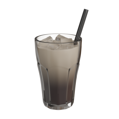 Buzlu kahvenin görünür bir süt girdabının demlendiği 3 boyutlu bir illüstrasyon, şeffaf bir bardakta, siyah bir pipetle servis edilerek gerçekçi buz küpleri gösteriliyor. Konforlu yaşam sahneleri, sosyal medya iletileri veya blog görselleri için harika.