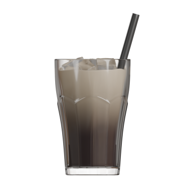 Buzlu kahvenin görünür bir süt girdabının demlendiği 3 boyutlu bir illüstrasyon, şeffaf bir bardakta, siyah bir pipetle servis edilerek gerçekçi buz küpleri gösteriliyor. Konforlu yaşam sahneleri, sosyal medya iletileri veya blog görselleri için harika.