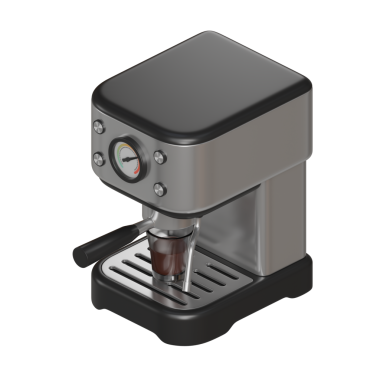 Temiz cam bir fincana sıcak kahve demleyen gümüş ve siyah krom kaplama kahve makinesinin gerçekçi 3 boyutlu görüntüsü. Ağızdan koyu kahverengi kahve akıyor. Lüks kahve markaları veya ürün özellikleri için ideal..