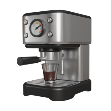 Temiz cam bir fincana sıcak kahve demleyen gümüş ve siyah krom kaplama kahve makinesinin gerçekçi 3 boyutlu görüntüsü. Ağızdan koyu kahverengi kahve akıyor. Lüks kahve markaları veya ürün özellikleri için ideal..