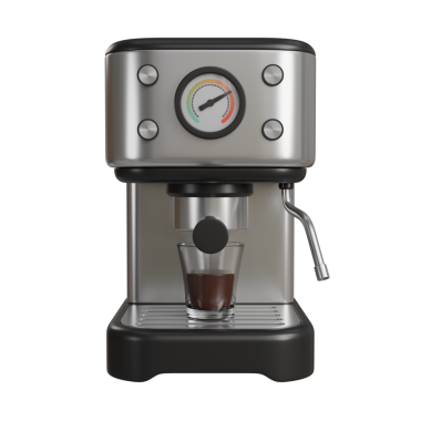 Temiz cam bir fincana sıcak kahve demleyen gümüş ve siyah krom kaplama kahve makinesinin gerçekçi 3 boyutlu görüntüsü. Ağızdan koyu kahverengi kahve akıyor. Lüks kahve markaları veya ürün özellikleri için ideal..